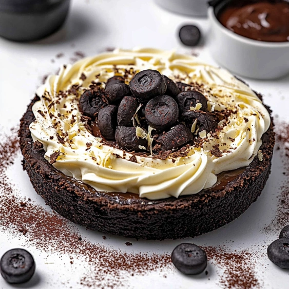 A slice of chocolate cake with chocolate chips on top.