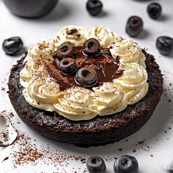 A slice of chocolate cake with chocolate sauce and blueberries.