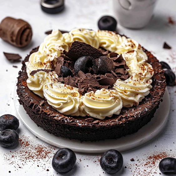 A slice of chocolate cake with white icing and chocolate chips.