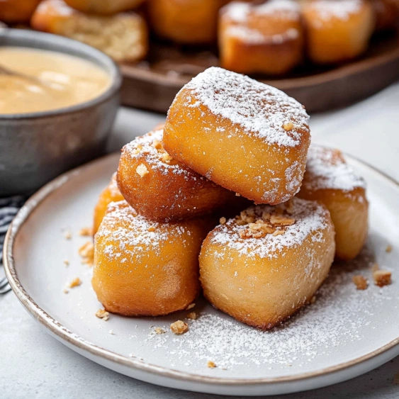 A plate of powdered donuts.