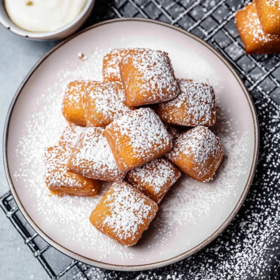 A plate of powdered sugar doughnuts.