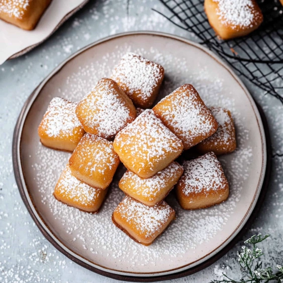A plate of powdered doughnuts.