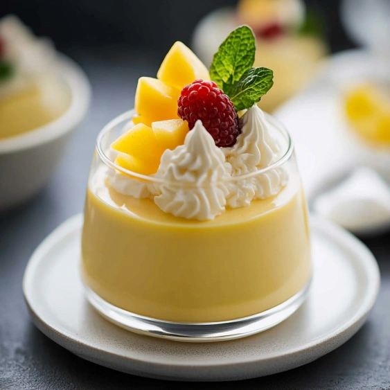 A dessert with a white whipped cream topping.