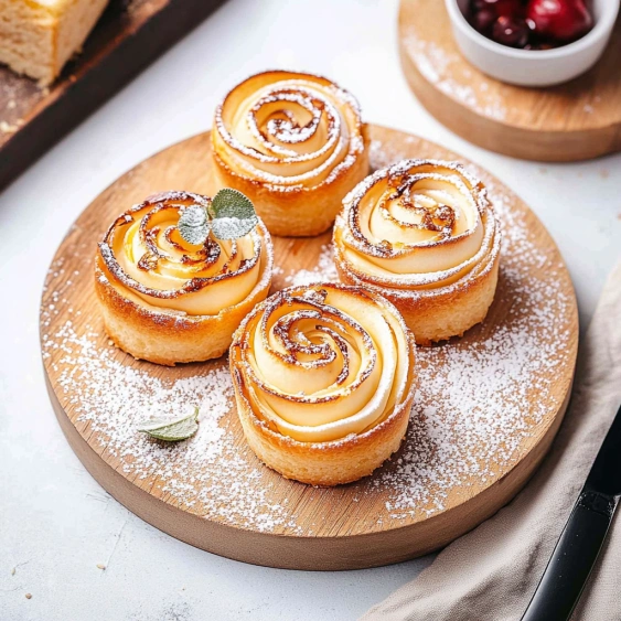 Three pastries with a rose design on top.
