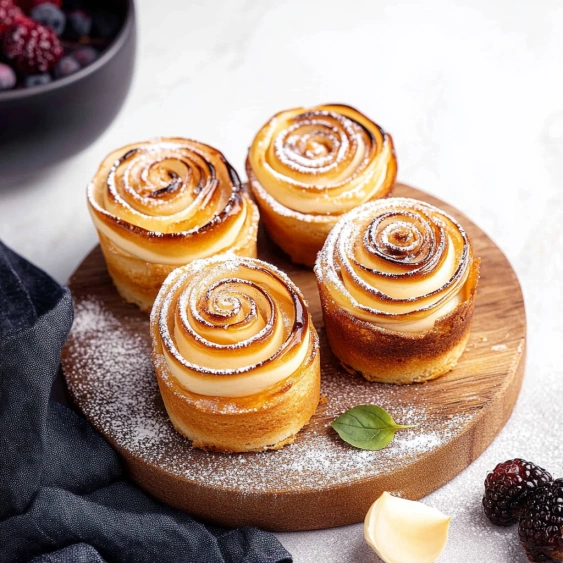 Three pastries with swirls on top.