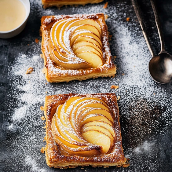 Two apple tarts with powdered sugar on a table.