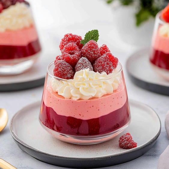 A glass of raspberry sorbet with a mint garnish.