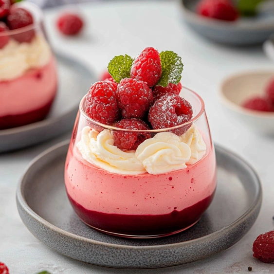 A glass of strawberry yogurt with a raspberry on top.