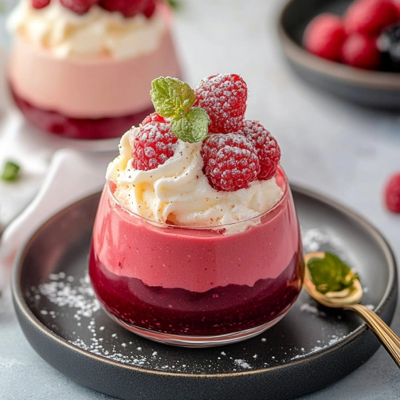 A small red dessert with white cream and raspberries.