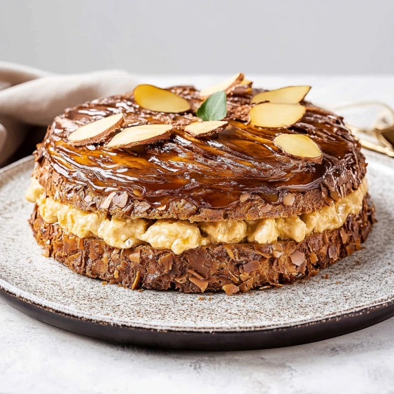 A cake with a green leaf on top.
