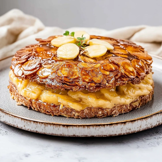 A cake with bananas and a green leaf on top.