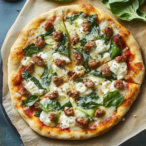A pizza with spinach and meat on top.