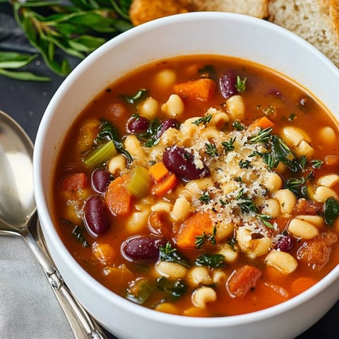 A bowl of soup with vegetables and cheese.