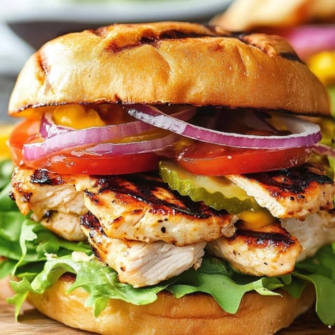 A chicken sandwich with lettuce and tomato.