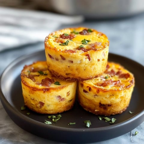 Three muffins with bacon on top.