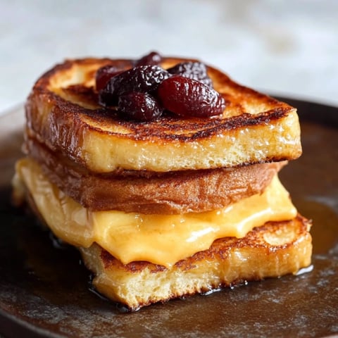 A stack of grilled cheese sandwiches with blackberry jam.