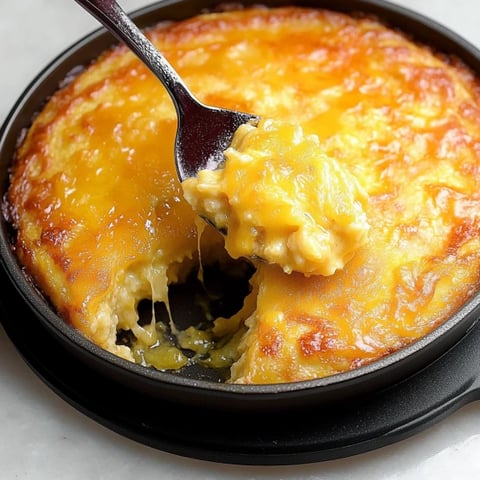 A fork is in a pan with a cheesy casserole.