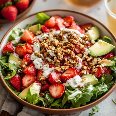 A bowl of strawberry salad with yogurt and nuts.